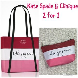Kate Spade & Clinique “limited edition” Red&Pink Stripe Tote w/ match pouch NWOT